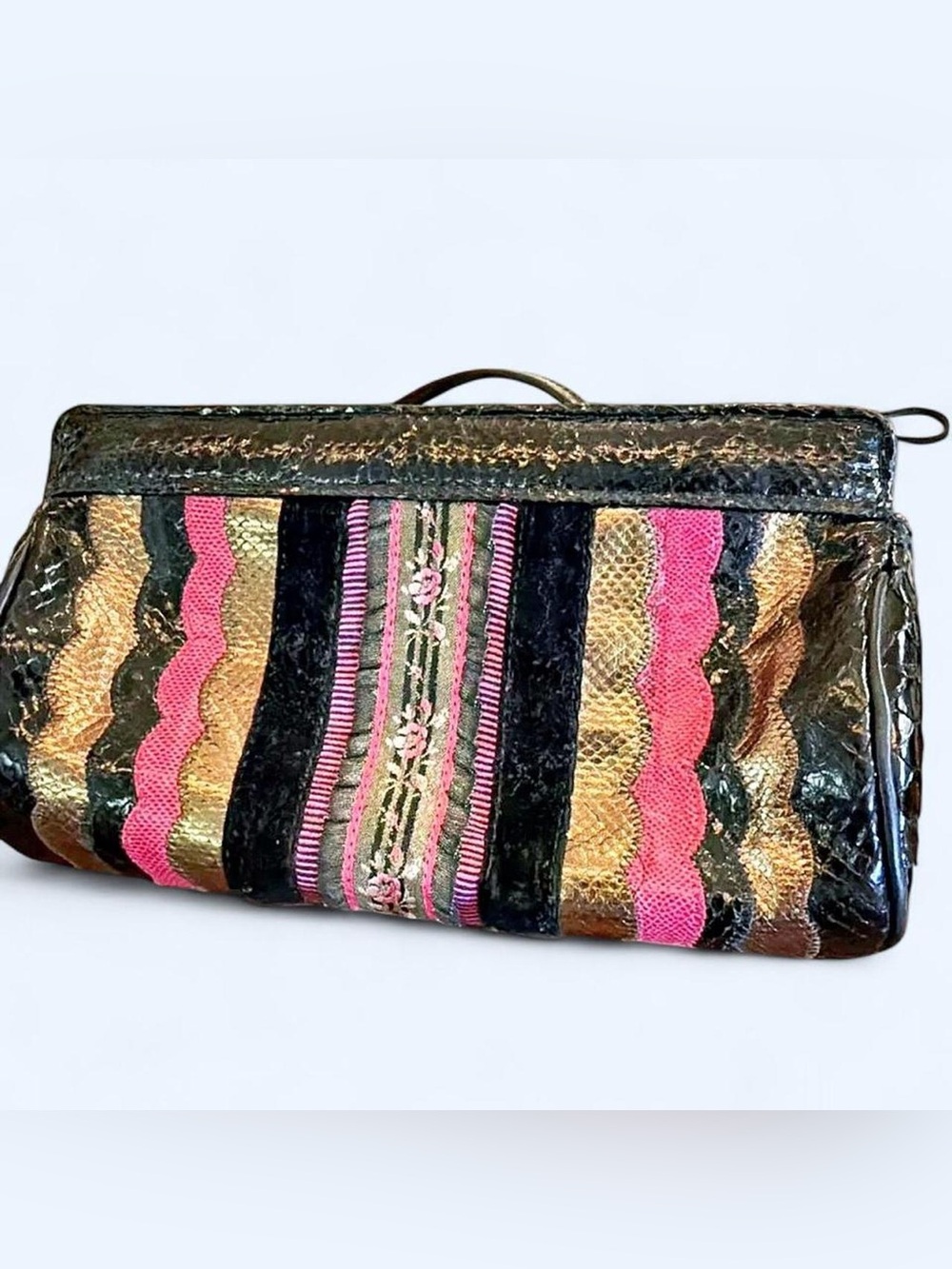 Vintage Carlos Falchi Black with Pink & Gold Embroidered Striped Women’s Clutch